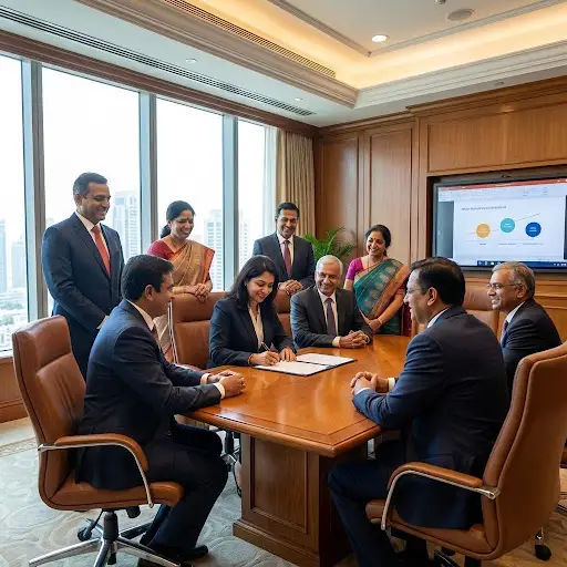 Corporate lawyers reviewing merger agreements and acquisition documents