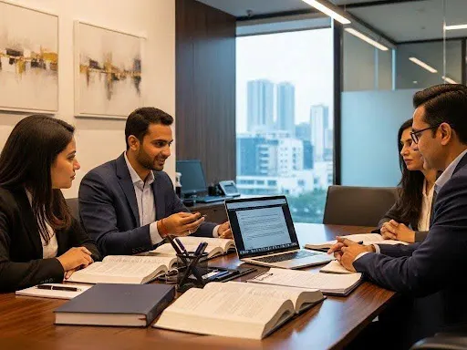Tax lawyer analysing financial documents and taxation records